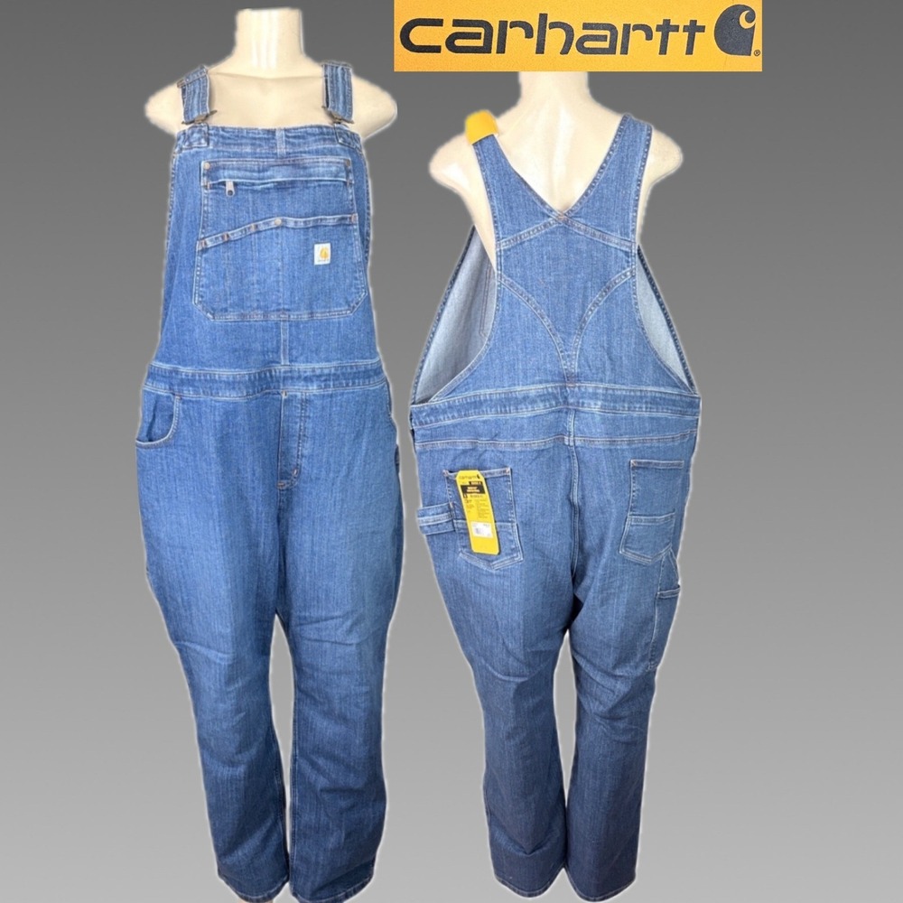 Carhartt 2X Women's Rugged Flex Denim Blue Bib Overalls Relaxed Fit Stretch